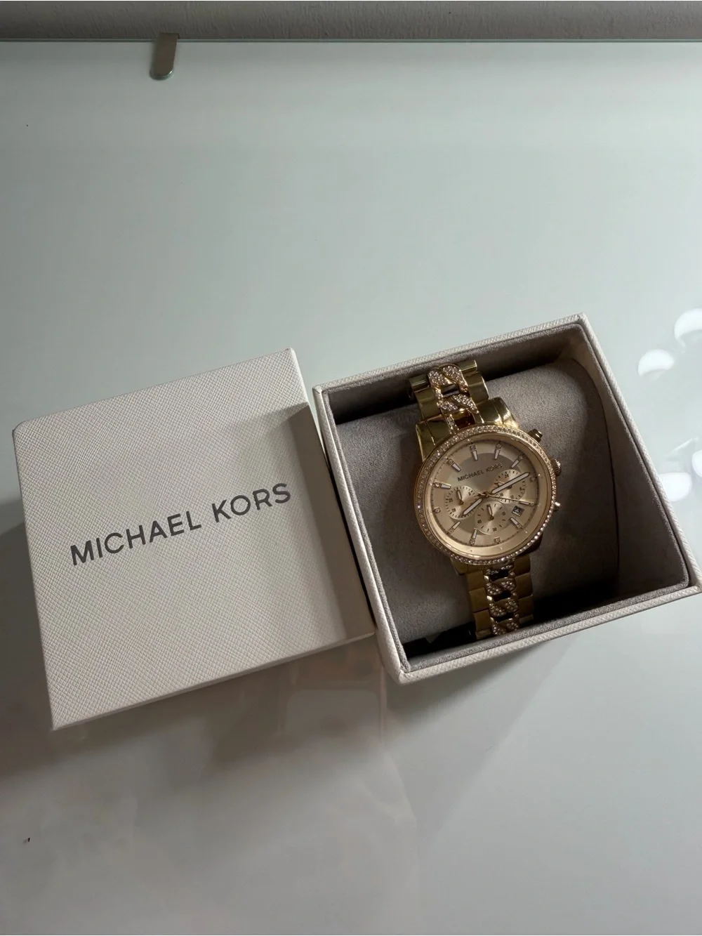 Michael Kors Gold-Tone Crystal Accent Chronograph Bracelet Watch